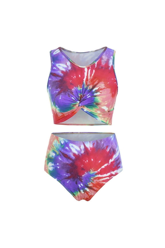 Women's Bathing Suit High Waist Summer Twist Front Tie Dye Padded Tankini Swimsuit