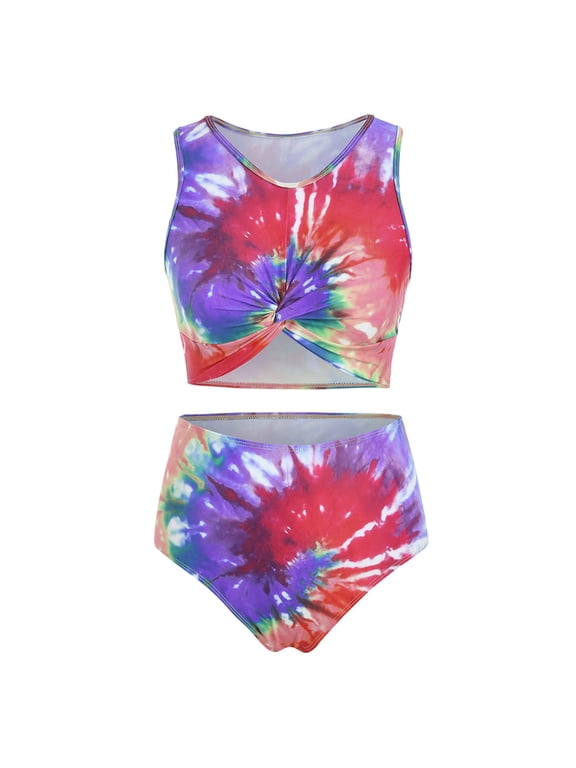 Women's Bathing Suit High Waist Summer Twist Front Tie Dye Padded Tankini Swimsuit