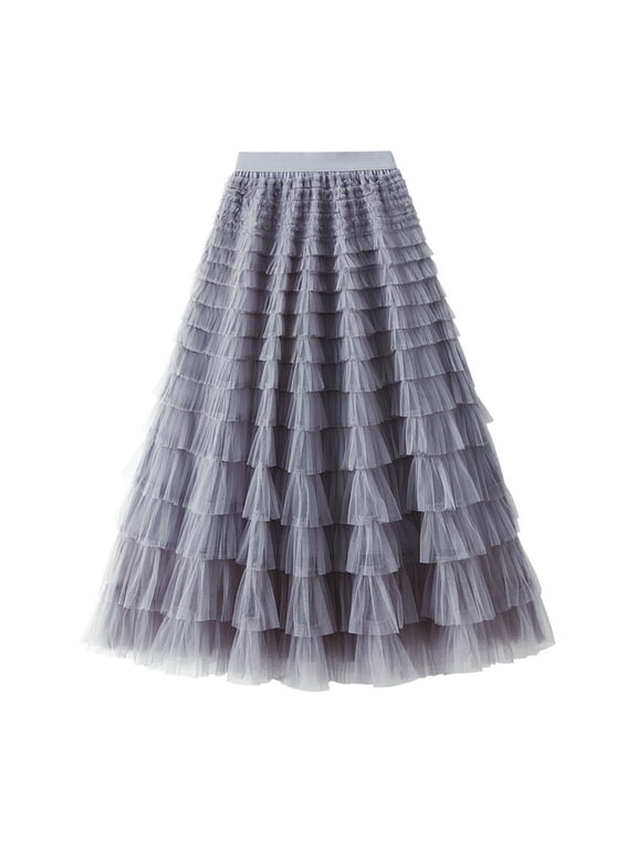 Women’s Layered Ruffles Tulle Skirt Pleated High Waist Fluffy Maxi Skirt Fairy Cake Dress Long Tutu Party Skirt