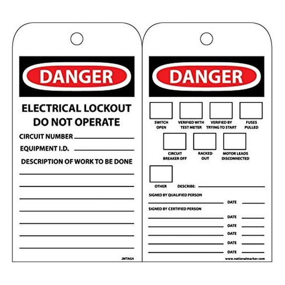 JMTAG4 Unrippable Vinyl 015 National Marker Danger Electrical Lockout Do Not Operate Tag (Pack of 10)