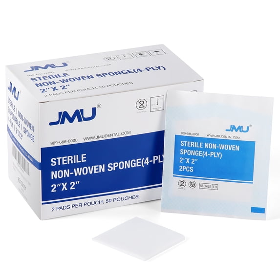 JMU Sterile Nonwoven Sponge 4-Ply, 2"X2", 2 Pads/Pouch, 50 Pouches/Box, 100 Total