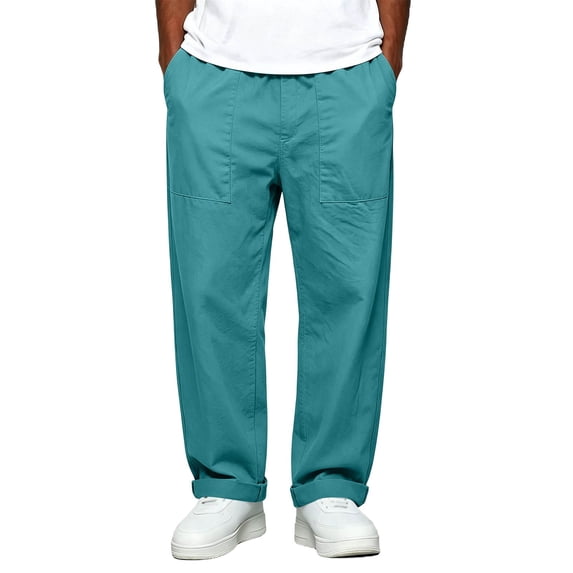 JMYHOAM Men's Cotton Linen Pants Drawstring Elastic Waist Front Back ...
