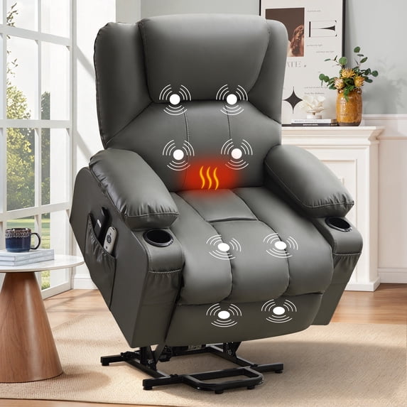 JMYMRY Leather Power Lift Recliner Chair for Elderly with Heat and Massage, Adjustable Angle, Side Pocket and USB Charge Port for Living Room, Gray