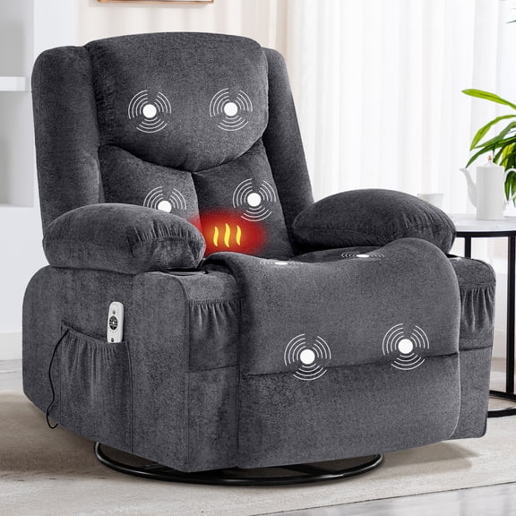 JMYMRY Swivel Rocker Recliner Chair with Heating, Cup Holders and Storage Pockets, Comfortable Lounger for Living Room, Gray
