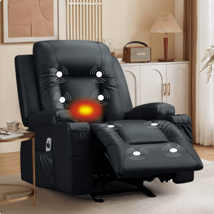 JMYMRY Manual Recliner Chair with Massage and Heat, Faux Leather Single Reclining Sofa, 2 Cup Holders and Side Pocket for Living Room Home Theater, Black