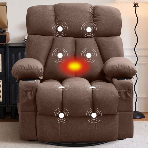 JMYMRY Soft Fabric Massage Heating Swivel Recliner Chair with USB Port, 4 Storage Pockets & 2 Cup Holders for Living Room,Brown
