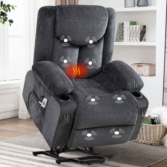 JMYMRY Power Lift Recliner Chair for Elderly with Vibration Massage and Heating, Adjustable Rocker with Cup Holders and Side Pockets, USB Charge Port, Gray