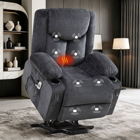 JMYMRY Power Lift Recliner Chair for Elderly with Vibration Massage and Heating, Extra Wide Adjustable Rocker with Cup Holders, Side Pockets and USB Charge Port, Gray