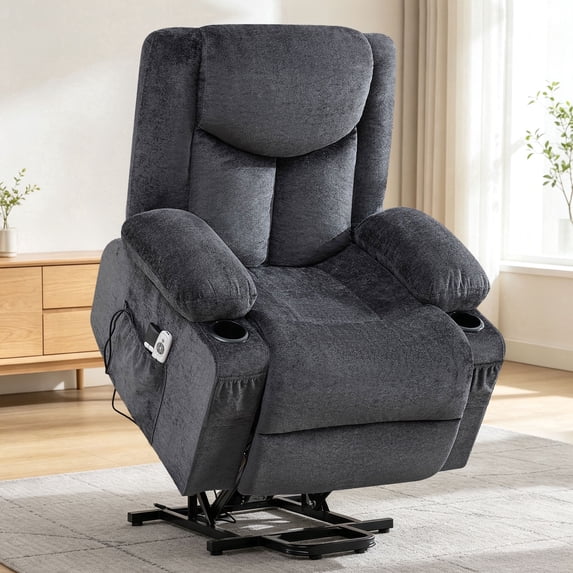 JMYMRY Power Lift Recliner Chair with Vibration Massage and Heating for Living Room, Adjustable Rocker with Cup Holders and Side Pockets, Gray
