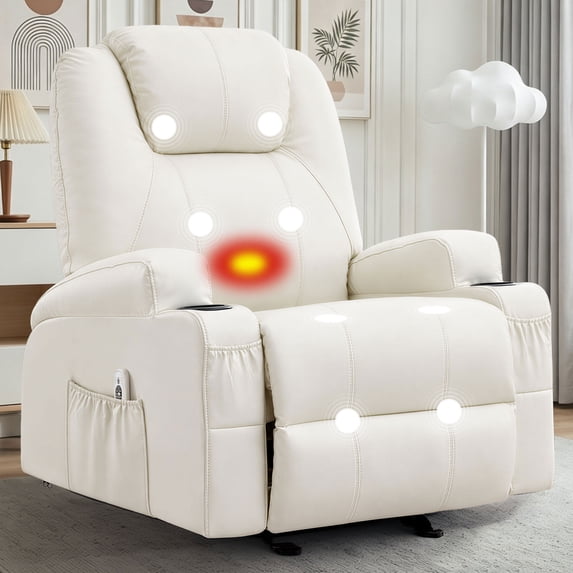 JMYMRY Recliner Chair with Heat and Massage, PU Leather, Adjustable Angle, Cup Holder, Side Pocket and USB Charge Port for Living Room, Beige