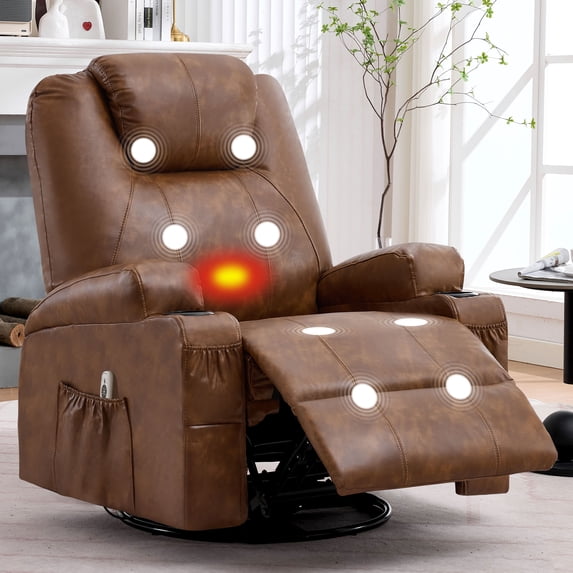 JMYMRY Recliner Chair with Heat and Massage, PU Leather, Adjustable Angle, Cup Holder, Side Pocket and USB Charge Port for Living Room, Brown