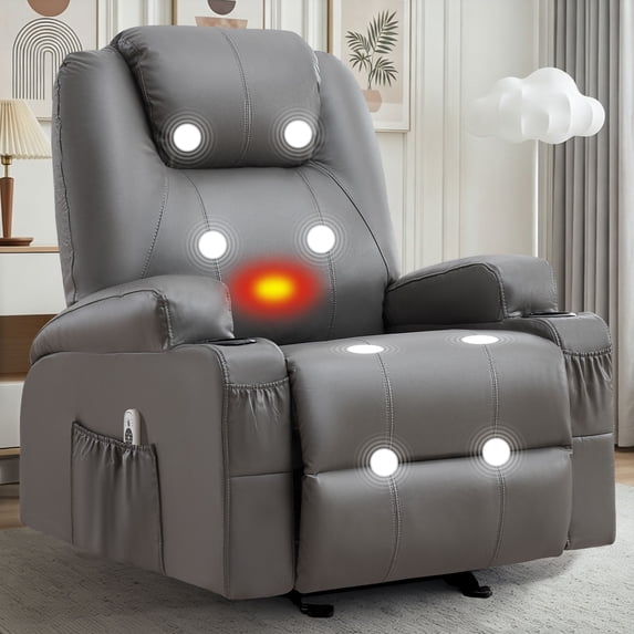 JMYMRY Recliner Chair with Heat and Massage, PU Leather, Adjustable Angle, Cup Holder, Side Pocket and USB Charge Port for Living Room, Grey
