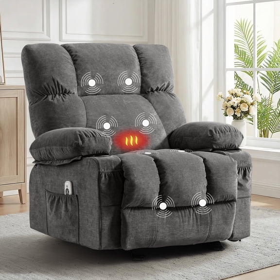 JMYMRY Rocker Recliner Chair with Vibration Massage and Heating, Cup Holders and Side Pockets, Adjustable Lounge Chair for Living Room, Grey