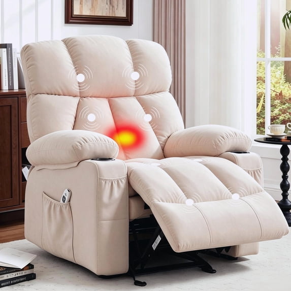 JMYMRY Soft Fabric Massage Heating Rocking Recliner Chair with USB Port, 4 Storage Pockets & 2 Cup Holders for Living Room, Beige