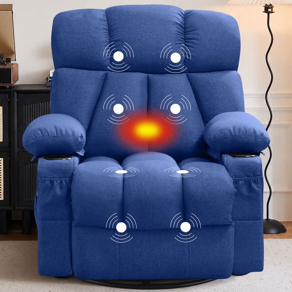 JMYMRY Soft Fabric Massage Heating Swivel Recliner Chair with USB Port, 4 Storage Pockets & 2 Cup Holders for Living Room,DarkBlue