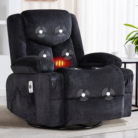JMYMRY Swivel Rocker Recliner Chair with Vibration Massage and Heating, Cup Holders and Side Pockets, Adjustable Lounge Chair for Living Room, Black