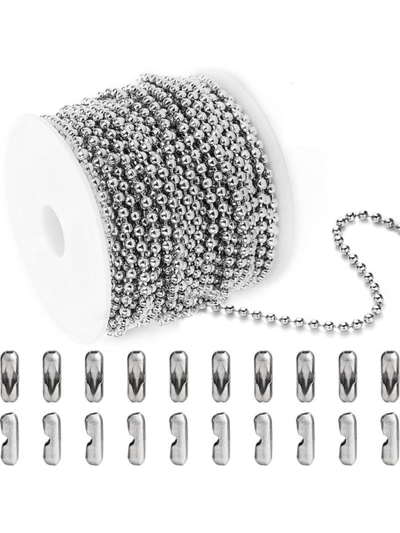 33ft Rustproof Pull Chain Stainless Steel Bead Chain Military Dog tags Ball Chains Necklace with 20 Clasp Connectors