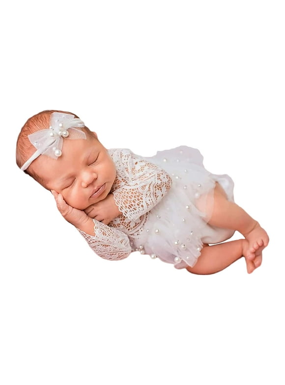 3-Piece Newborn Photography Outfit Set - Lace Romper, Hat & Headband For Girls