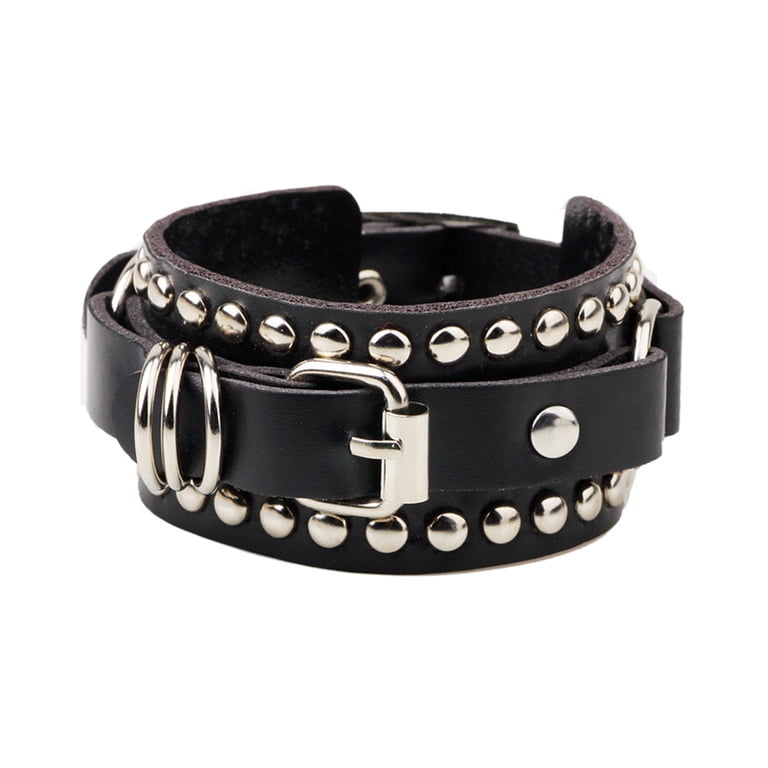 JNANEEI Punk Studded Bracelet, Black Leather Rivets, Adjustable