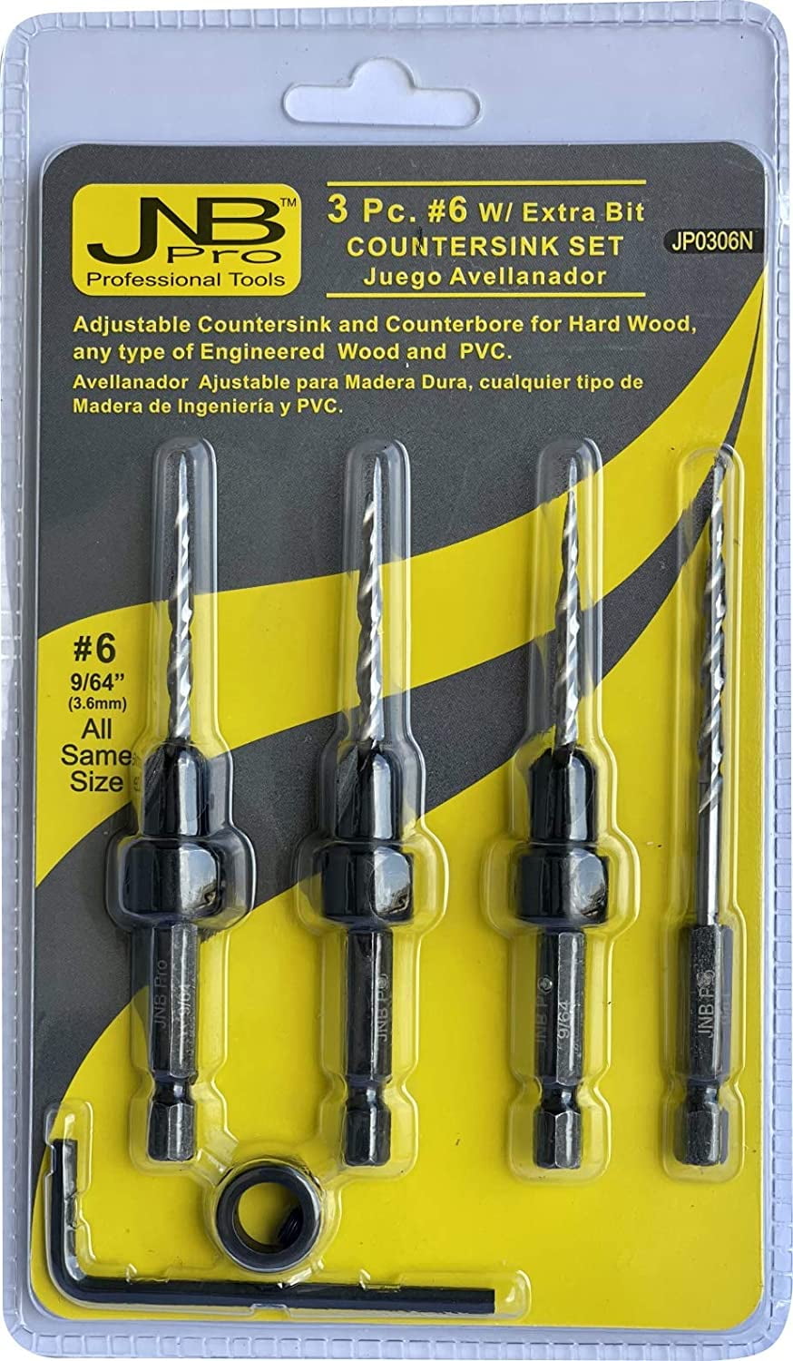 JNB Pro Wood Countersink Drill Bit Set 3 Pc Adjustable Countersink