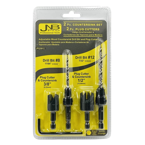 JNB Pro Wood Countersink Drill Bit Set & Wood Plug Cutters - 2 Pc Adjustable Countersink Bit #8(7/64") #12(7/32") and 2 Wood Plug Cutters or Dowel Cutters 3/8" & 1/2" Diameter- 1 Hex Wrench