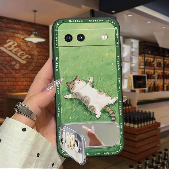 JNG-Phone Case For Google Pixel 8A, Silicone Embroidery three-dimensional Waterproof Full wrap Protective Anti-knock Makeup Mirror Shockproof Fashion Design Plush TPU Kickstand Cartoon