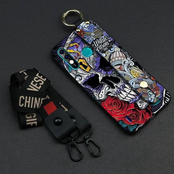 JNG-Phone Case For Itel A56/A56 Pro, Durable Anti-knock Kickstand Personality Lanyard Ring Graffiti Soft case Phone Holder Wrist Strap Back Cover Silicone Wristband Dirt-resistant