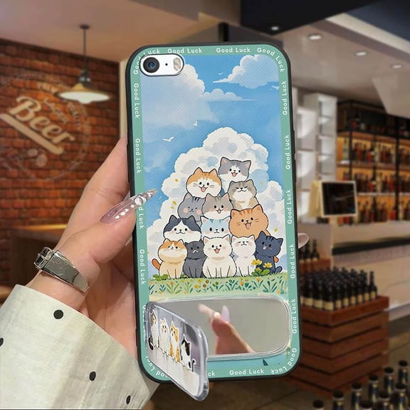 JNG-Phone Case For iphone 5/5S/SE/ip5/ip5S/ipSE, Dirt-resistant Makeup Mirror Back Cover Phone Holder TPU Shockproof Cute Embroidery Silicone Anti-dust Cloth Patch Anti-knock Soft case