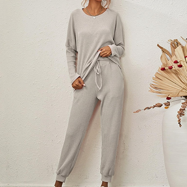 JNGSA 2 Piece Lounge Set Women,Women's Ribbed Lounge Sets Solid Color Loose  Casual Long Sleeve Shirt and Drawstring Pants Two Piece Pajamas Sets Gray