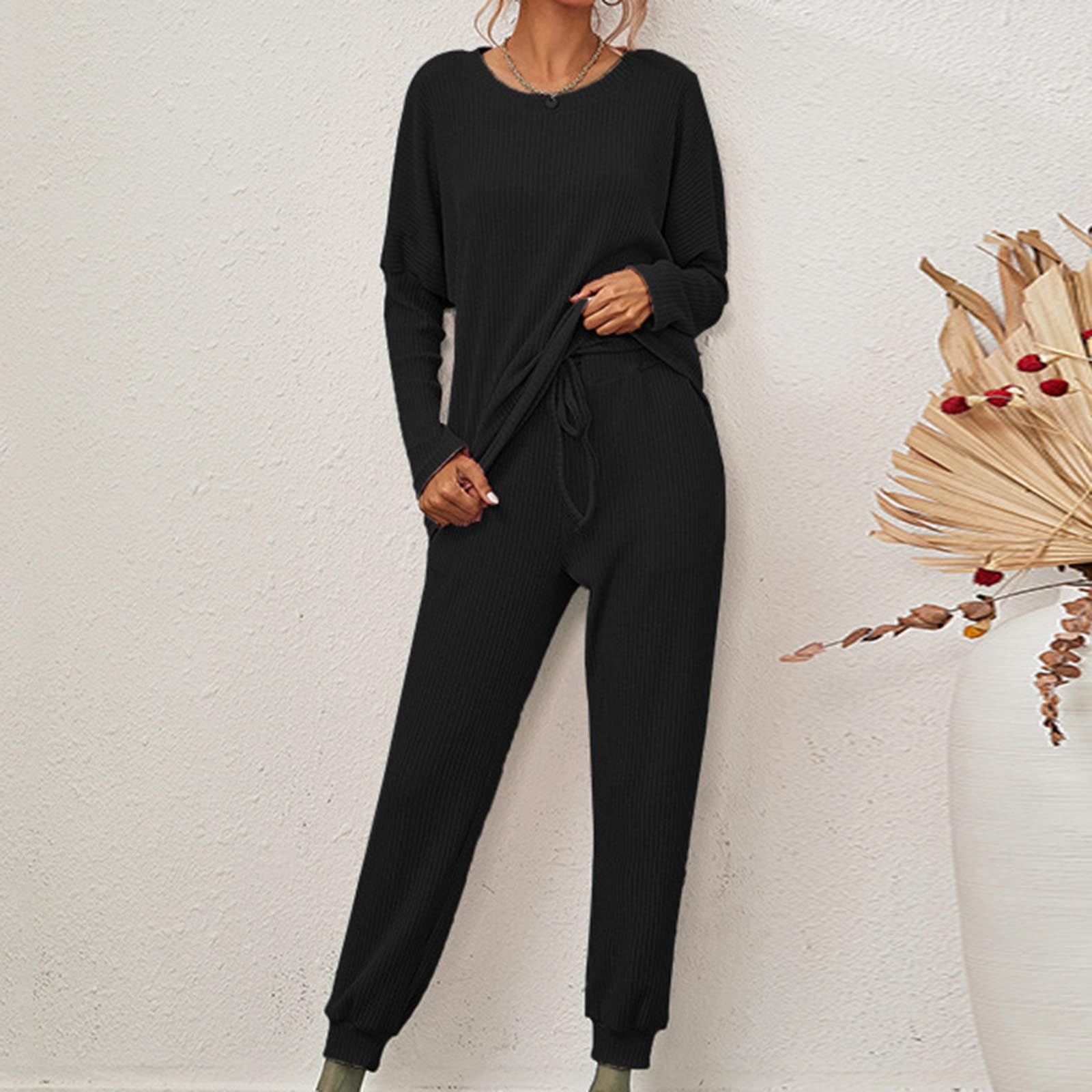 JNGSA 2 Piece Lounge Set Women,Women's Ribbed Lounge Sets Solid Color Loose  Casual Long Sleeve Shirt and Drawstring Pants Two Piece Pajamas Sets Black