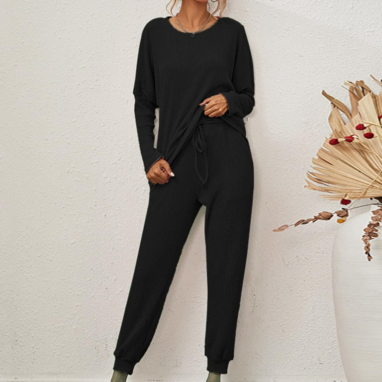 Women?S 2 Piece Outfits Striped Short Sleeve Pullover Tracksuit Pajama  Drawstring Long Pants Lounge Jogger Sets (Small,Black) at  Women's  Clothing store