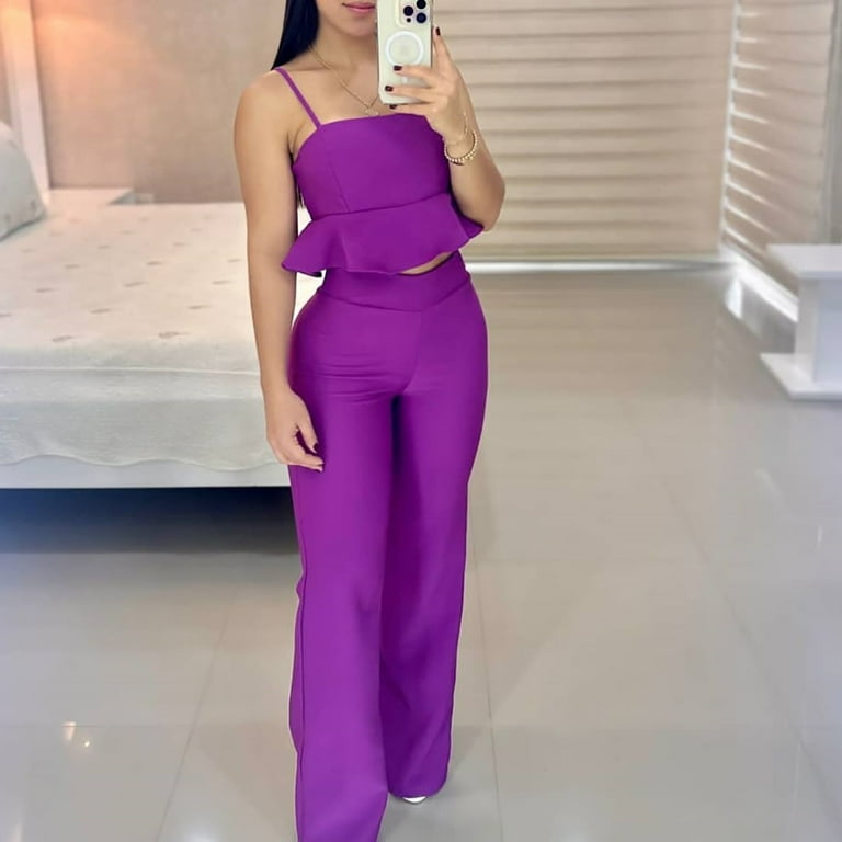 JNGSA 2 Piece Outfits for Women 2035 Summer Sleeveless Spaghetti Strap Tank  Tops with Wrap Wide Leg Pants Set Purple 6 Clearance 