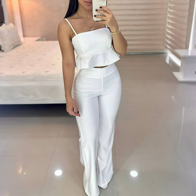 JNGSA 2 Piece Outfits for Women 2038 Summer Sleeveless Spaghetti Strap Tank  Tops with Wrap Wide Leg Pants Set White 8 Clearance