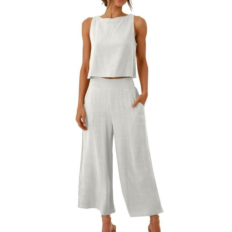 JNGSA 2 Piece Outfits for Women Cotton Linen Solid Color Tank Top with  Loose Wide Leg Pants with Pockets Casual Sets White 12 Clearance 