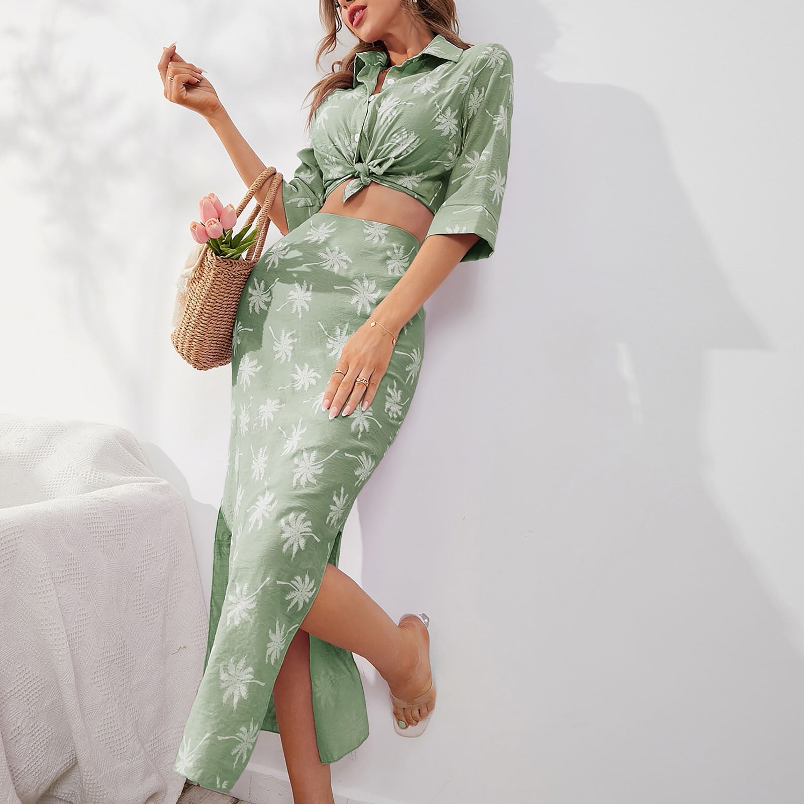 JNGSA 2 Piece Skirt Sets for Women Women s Summer Floral Lapel Button down Tshirt and Long Split Skirt Vacation Outfits Mint Green 8