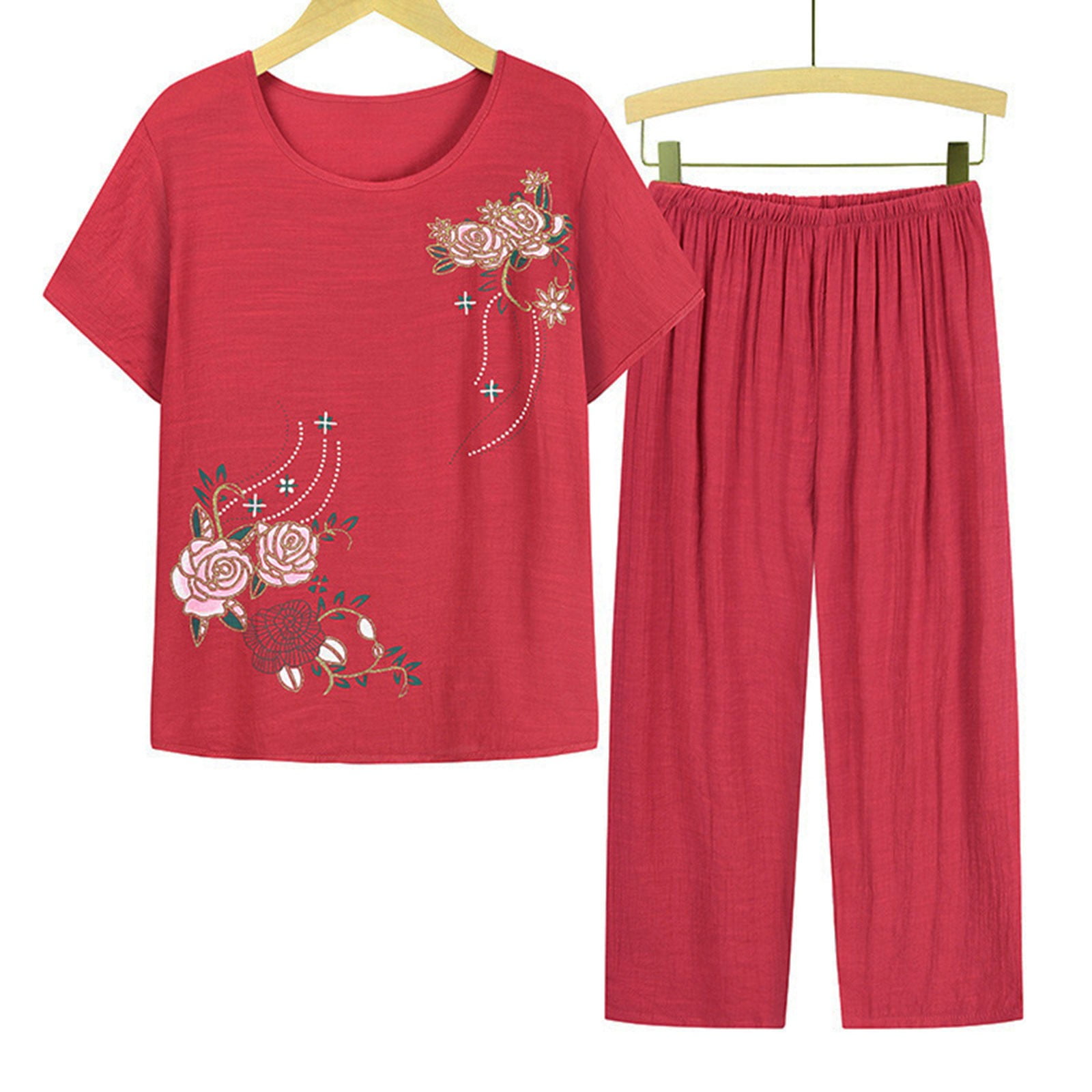 Women's Summer Pajama Set 2-Piece - Short Sleeve Top & Pants With Pockets, Rayon Blend - View #10