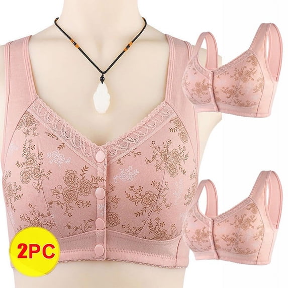JNGSA 2PC Women's Front Closure Bras Plus Size Posture Wireless Bras Back Support Full-Coverage Bra Lace Breathable Comfy Underwear Pink Clearance