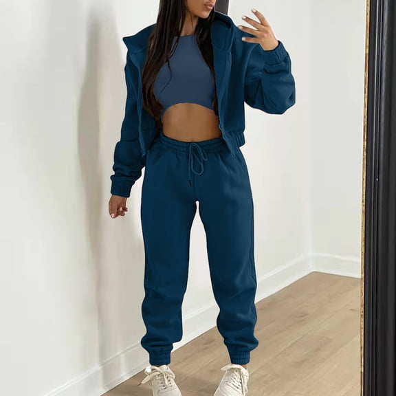 JNGSA 3 Piece Outfits for Women Fall 2023 Lounge Sets Workout Sweatsuits Jogger Sets Travel Tracksuits Tank Hooded Jacket Pants Suits