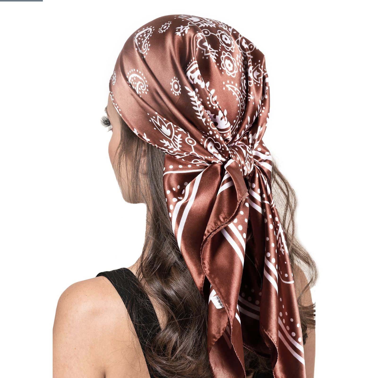 Jngsa 90cm Silk Feeling Head Scarf Fashion Satin Hair Scarf Square Scarves for Women Gifts Lady Big Flower Turban Shawl Scarf-Brown, Women's, Size