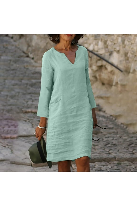 Bodycon Dresses for Women 2023,Trendy Linen Dress for Womens Solid Color Roll-up Long Sleeve V-Neck Dress Cotton Casaul Loose Fit Midi Dress Mint Green