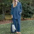 thumbnail image 1 of JNGSA Club Outfits for Women 2 Piece Sets,Linen Sets for Women,Cotton Long Sleeve V-Neck Lapel Tops and Wide Leg Pants Summer/Fall Casual Solid Color Set Blue, 1 of 8