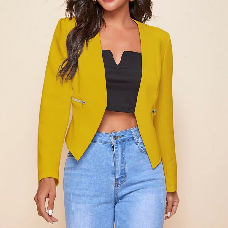 JNGSA Cropped Blazers for Women Open Front Cardigan Suit Jacket Daily Commute Office Solid Color Zipper Suit Short Blazers Yellow L Walmart