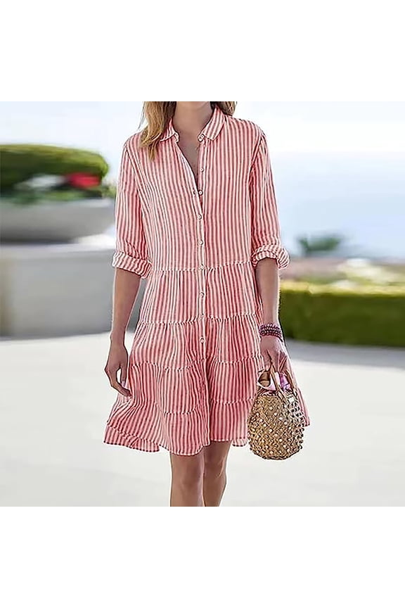 Dresses for Women Casual,Womens 2044 Summer/Fall Striped Cardigans Dress Long Sleeve Button-Down Flowy Dresses Tired Runched Midi Dress Red