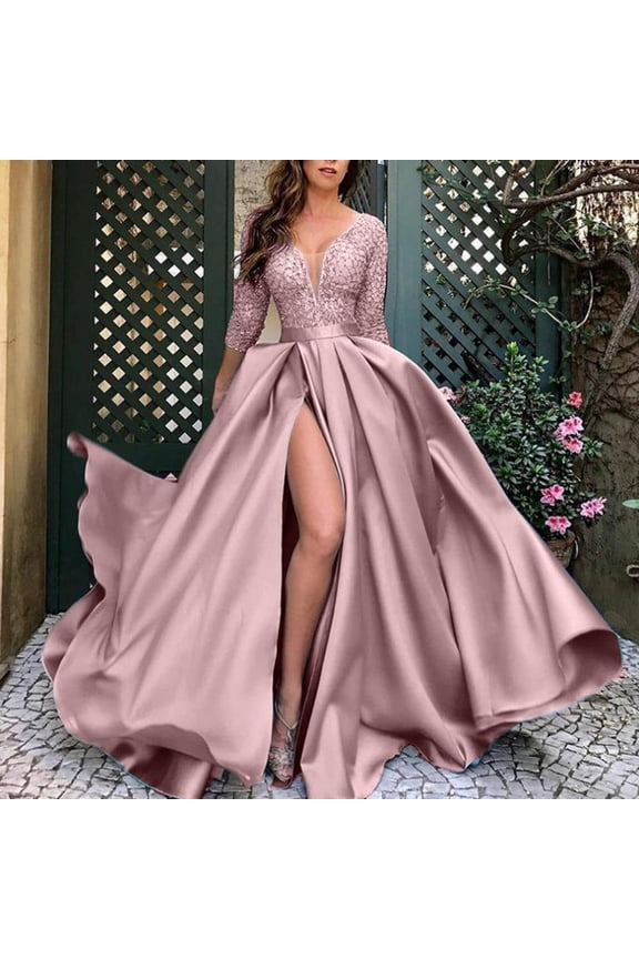 Elegant Dresses for Women,Women's Sequin Satin Deep V-Neck Dress Summer/Fall V-Neck Dress Flowy Long Sleeve Slit Dress Wedding Dresses for Bride Pink