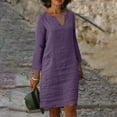 thumbnail image 1 of JNGSA Fall Wedding Guest Dresses,Women Cotton Linen Tshirt Dress Summer Plus Size V-Neck Long Sleeve Knee Length Dresses Loose Fit Midi Dress Purple, 1 of 6