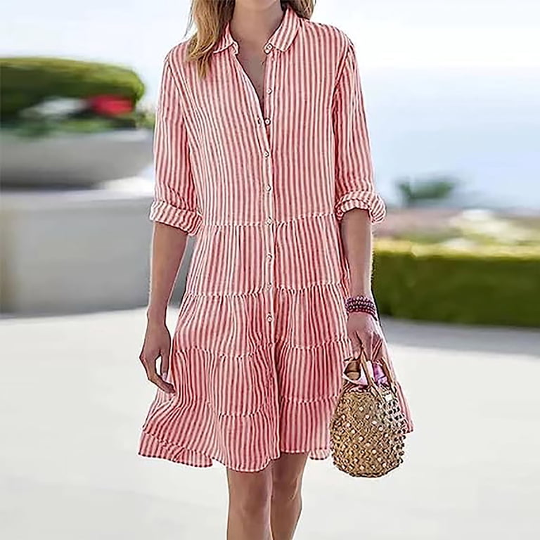 JNGSA Fall Wedding Guest Dresses,Womens 2042 Summer/Fall Striped Cardigans  Dress Long Sleeve Button-Down Flowy Dresses Tired Runched Midi Dress Red -  Walmart.com