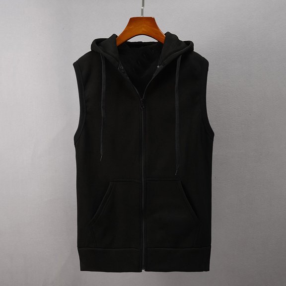 JNGSA Fashion Men Sleeveless Hooded Vest with Pockets Waistcoat Slimming Fit Jacket Blouse Full Zipper Solid Color Vest Black L