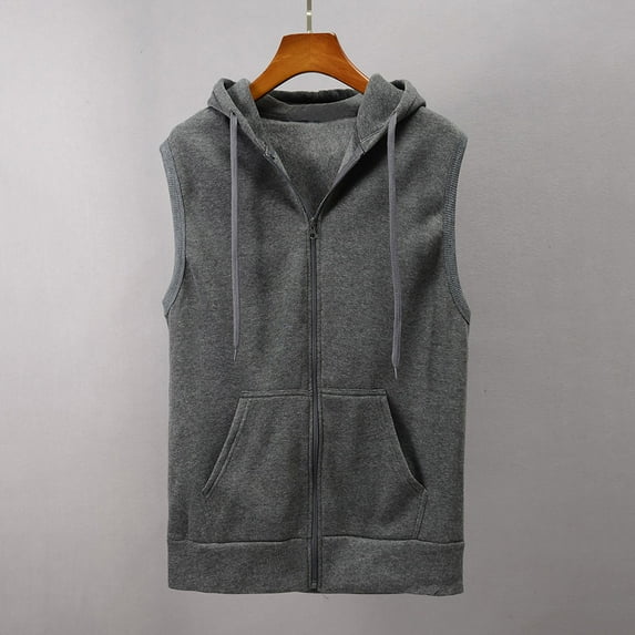 JNGSA Fashion Men Sleeveless Hooded Vest with Pockets Waistcoat Slimming Fit Jacket Blouse Full Zipper Solid Color Vest Gray L