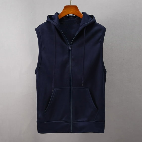 JNGSA Fashion Men Sleeveless Hooded Vest with Pockets Waistcoat Slimming Fit Jacket Blouse Full Zipper Solid Color Vest Navy L