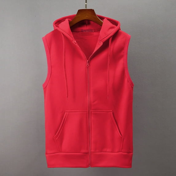 JNGSA Fashion Men Sleeveless Hooded Vest with Pockets Waistcoat Slimming Fit Jacket Blouse Full Zipper Solid Color Vest Red XXL